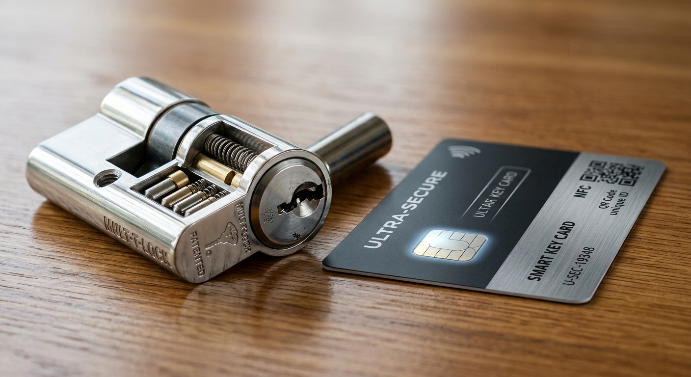 צילינדר מנעול חתוך של מולטילוק (Mul-T-Lock) המציג את מנגנון הפינים הפנימי, מונח לצד כרטיס מפתח חכם לאבטחה מתקדמת על משטח עץ