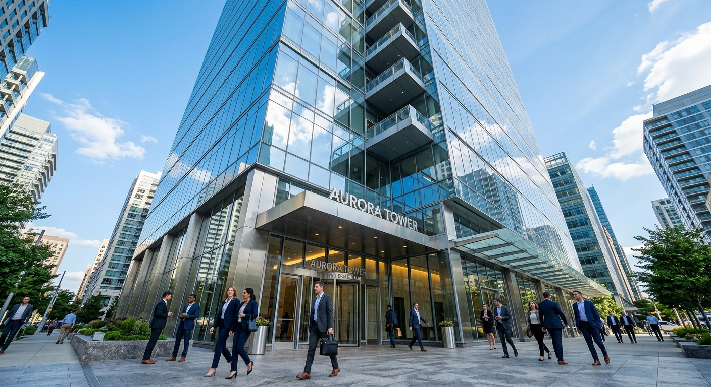 חזית מגדל העסקים אורורה (Aurora Tower) מזכוכית עם אנשי עסקים הולכים ברחבת הכניסה